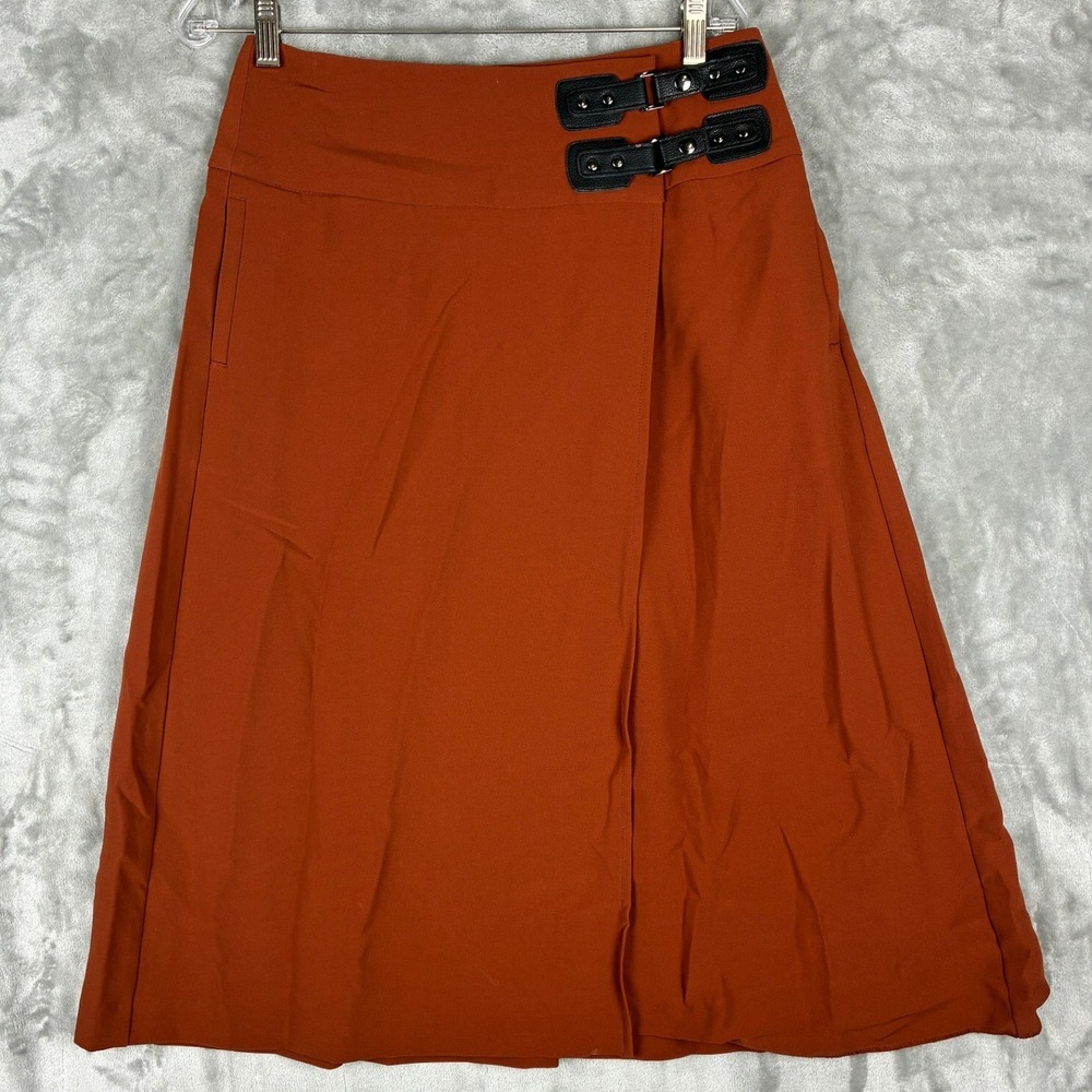 M&S Collection Russet Orange Pleated Wrap Midi Skirt Buckle Detail Sz UK 10 US 6